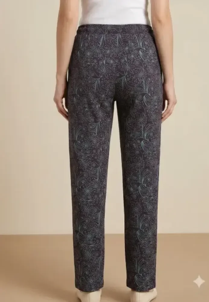 Pantaloni damă cu Imprimeu Floral Teal și Șnur Ajustabil — imagine 3