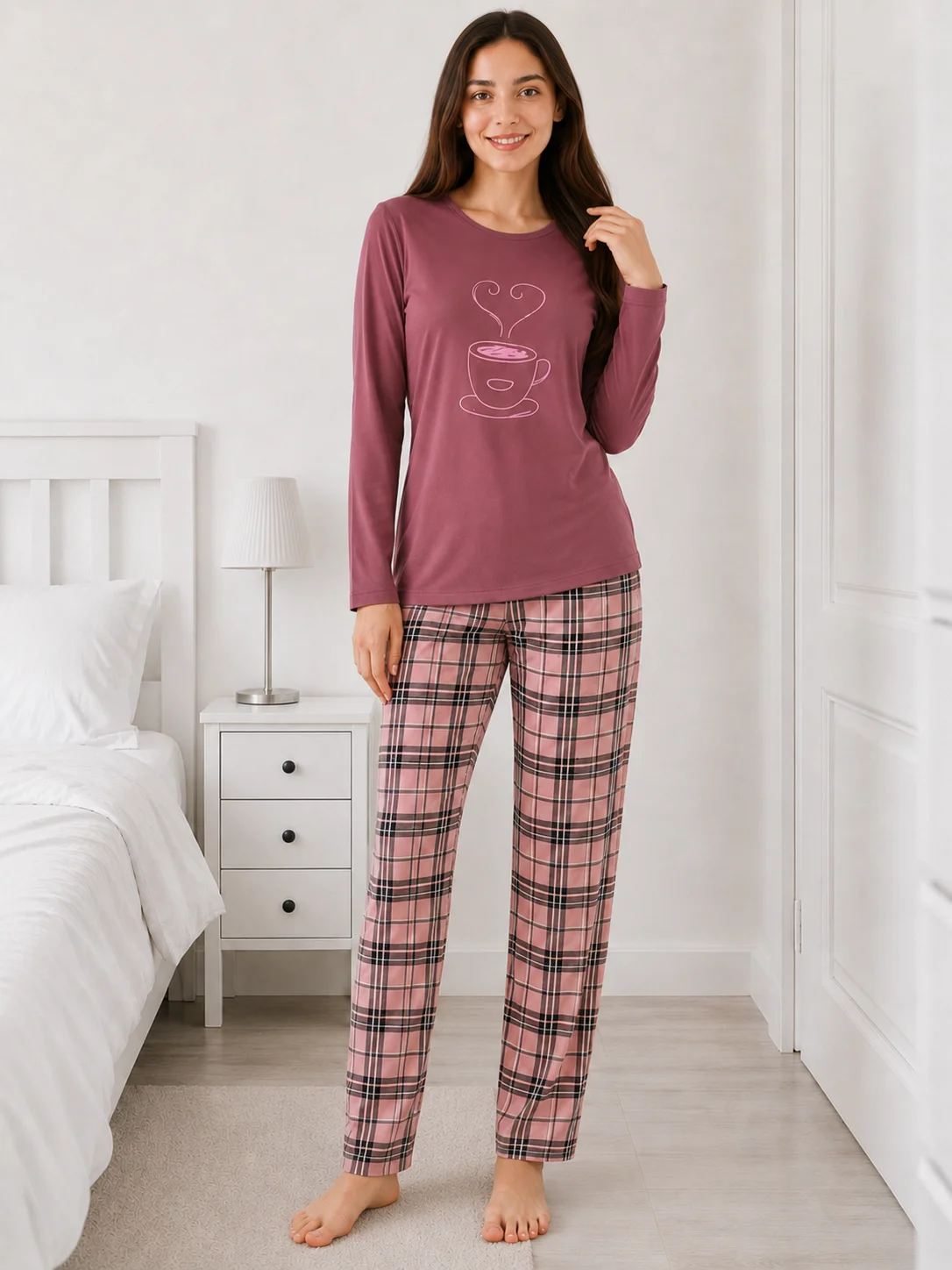 Pijama de Damă cu Imprimeu Căniță și Carouri-Visiniu