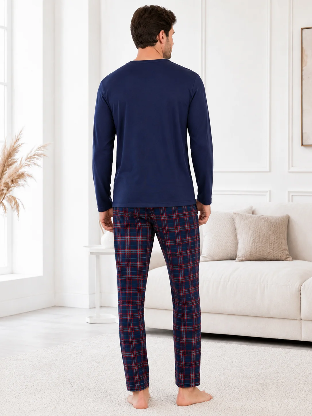 Pijama Barbati  cu Nasturi si Carouri Multicolore-Bleumarin — imagine 4