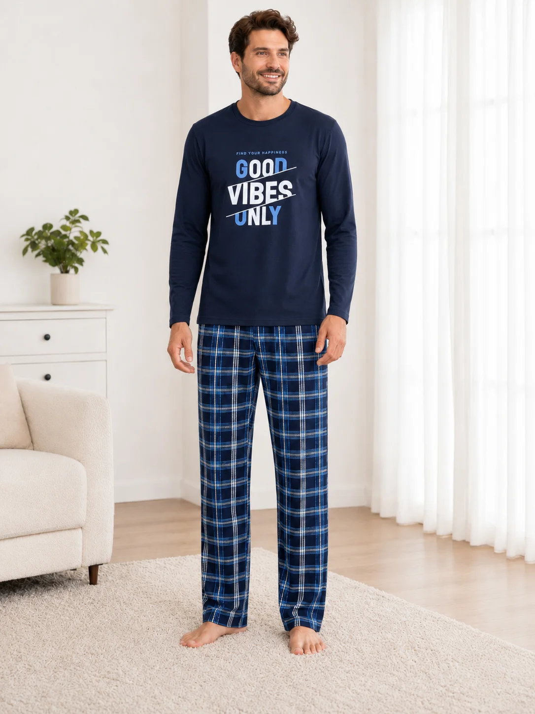 Set Relaxare Barbati Bluză Good Vibes si Pantaloni in Carouri-Bleumarin — imagine 3
