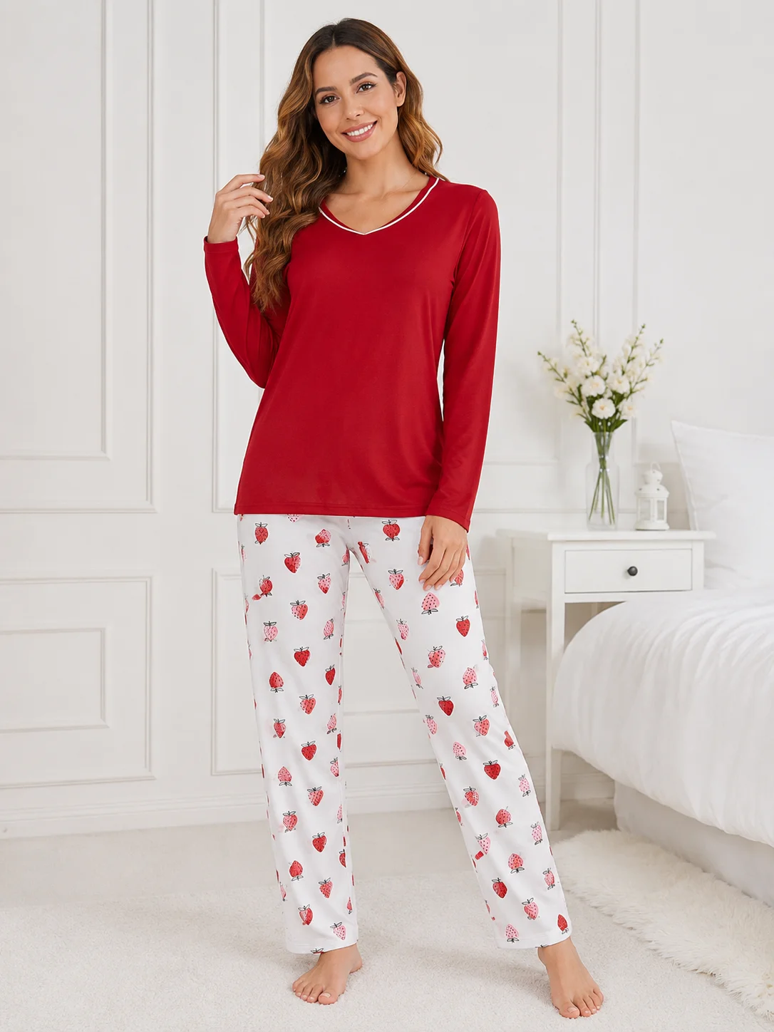 Pijama de Damă cu Bluză și Pantalon Alb cu Imprimeu Căpșuni-Rosu