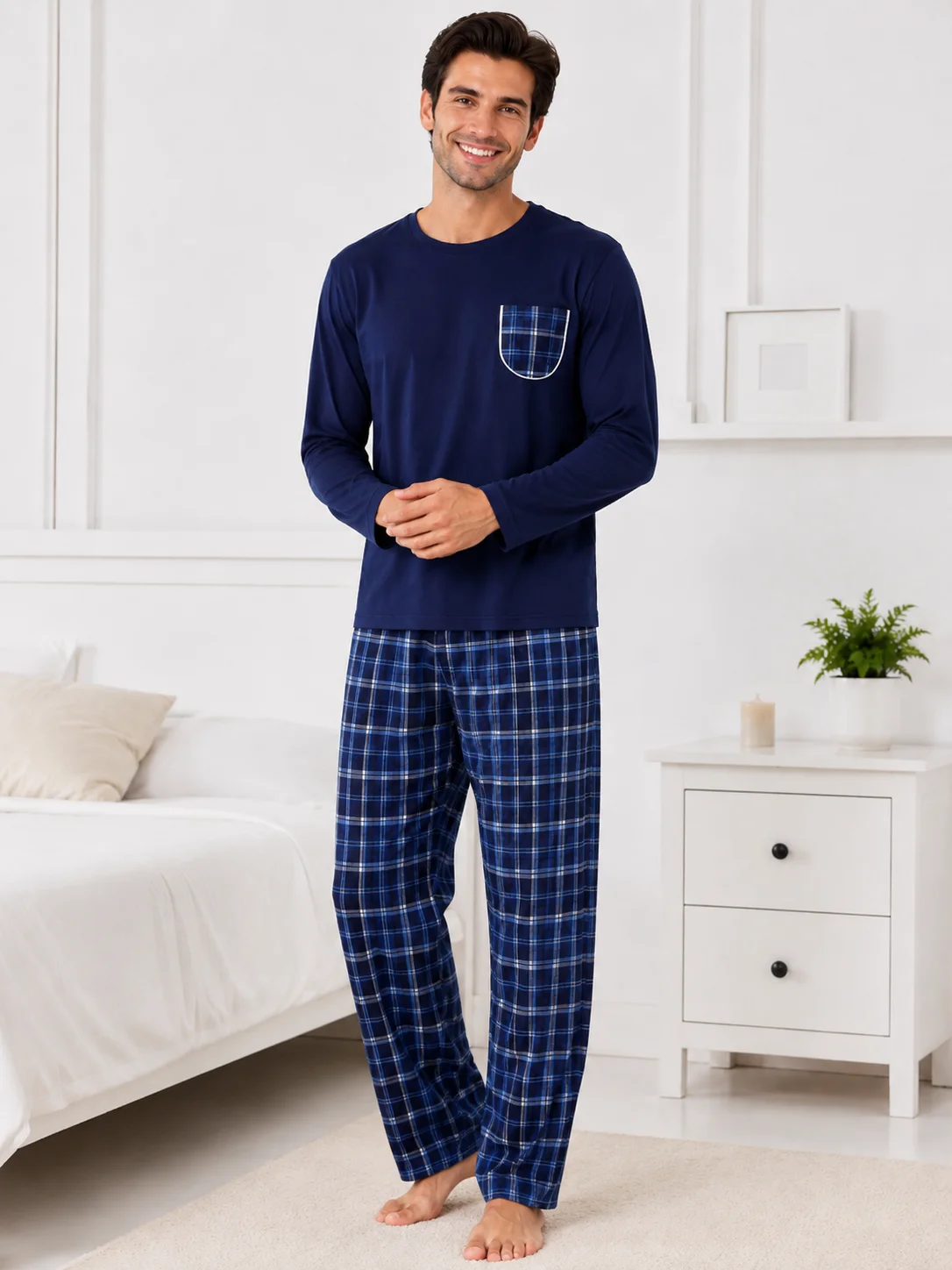 Set Pijama Barbati cu Buzunar în Carouri și Pantaloni Asortați-Bleumarin