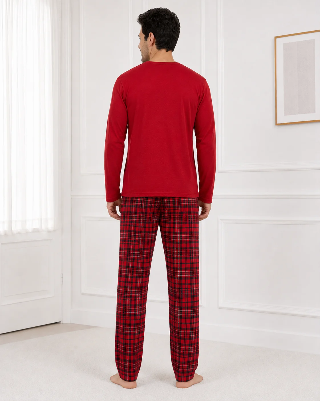 Set Pijama Barbati cu Maneca Lunga si Pantaloni in Carouri Rosi-Rosu — imagine 4