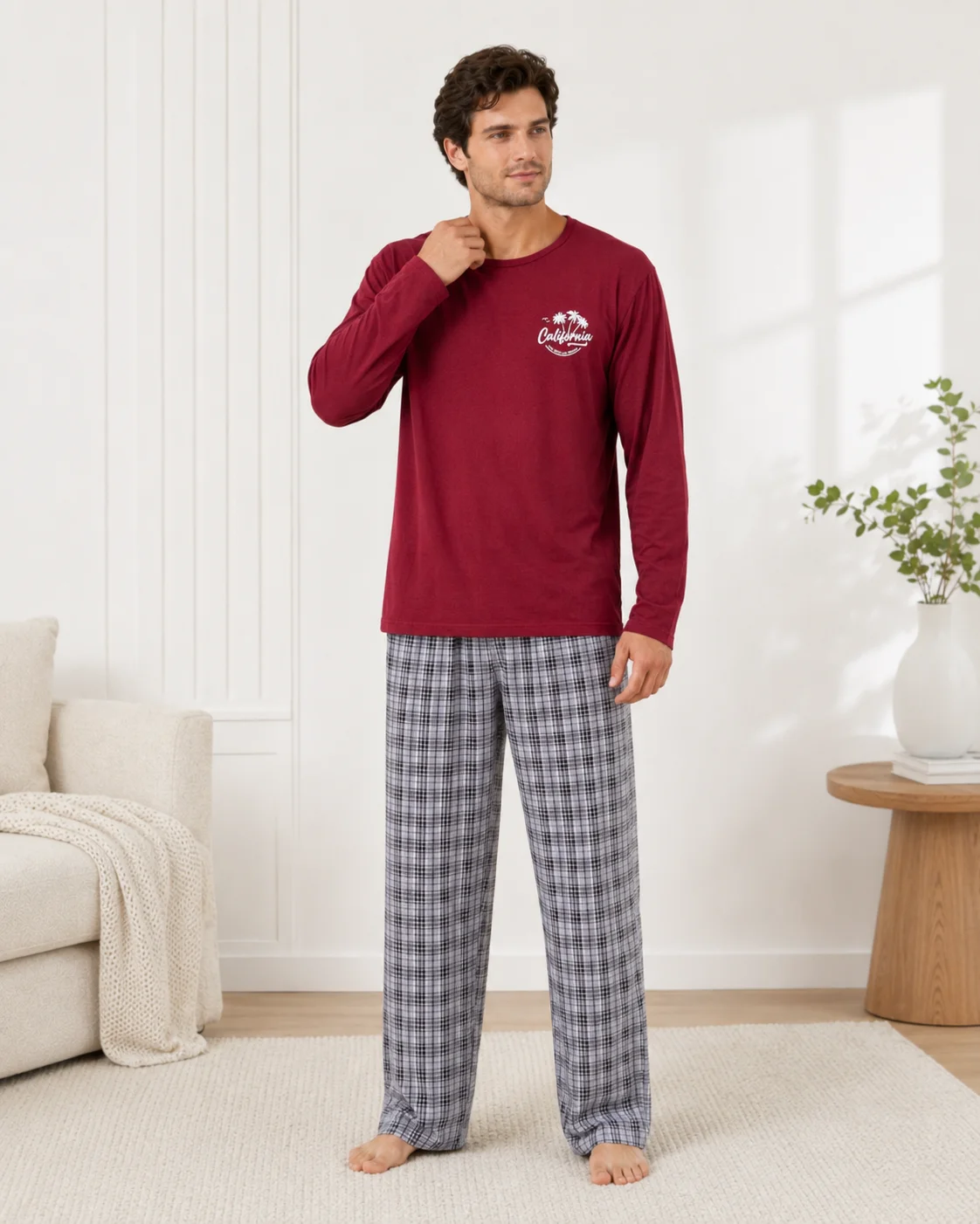 Pijama bărbați mânecă lungă si pantaloni în carouri-Bordo — imagine 3