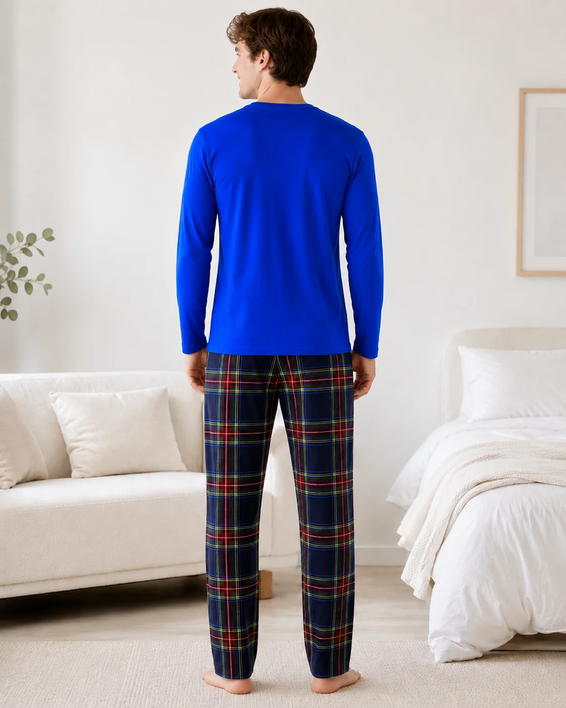 Set Pijama Barbati cu Imprimeu Fotbal și Pantaloni în Carouri-Albastru