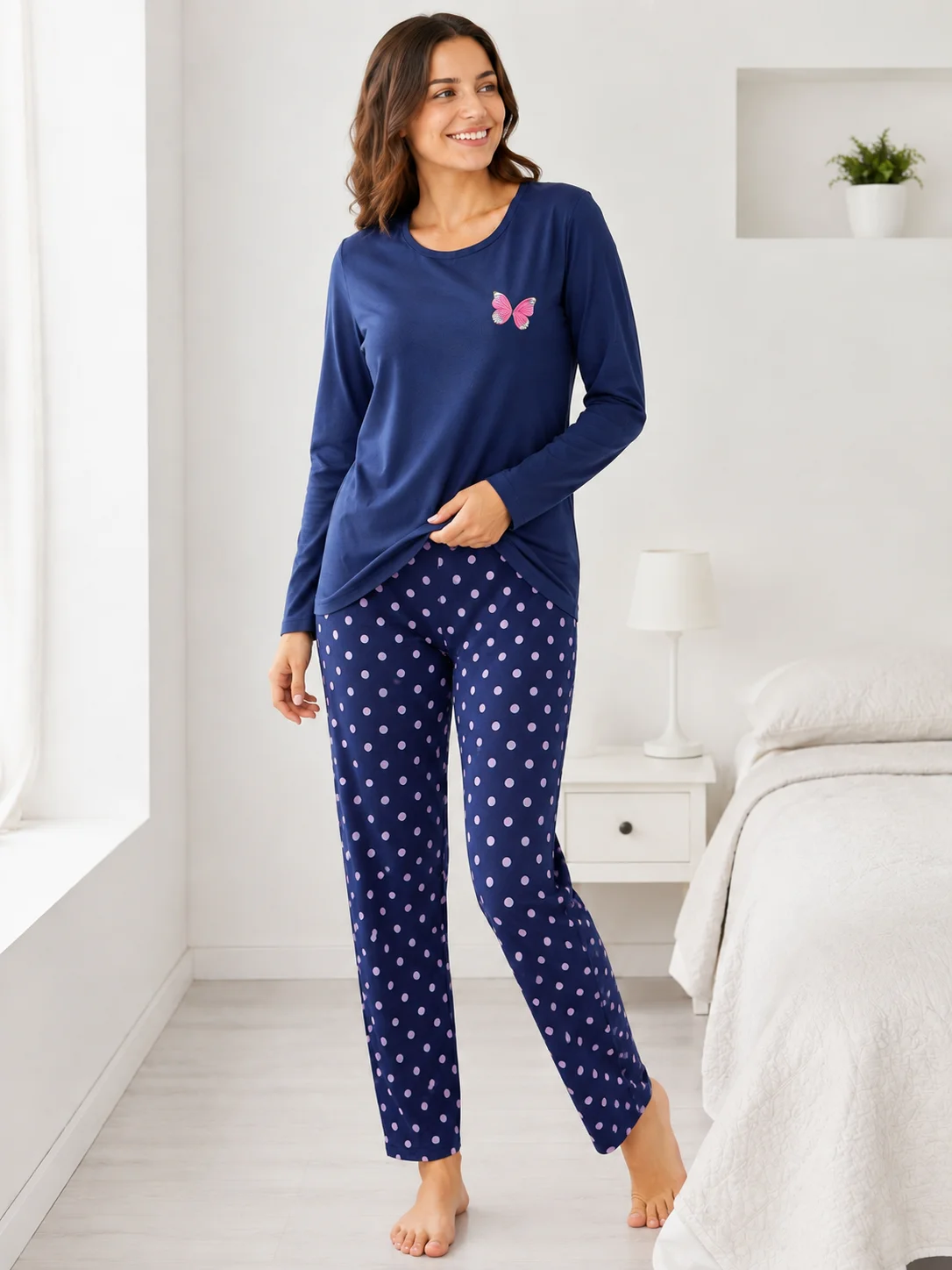 Pijama de Damă cu Bluză și Pantalon Bleumarin cu Buline Roz-Bleumarin