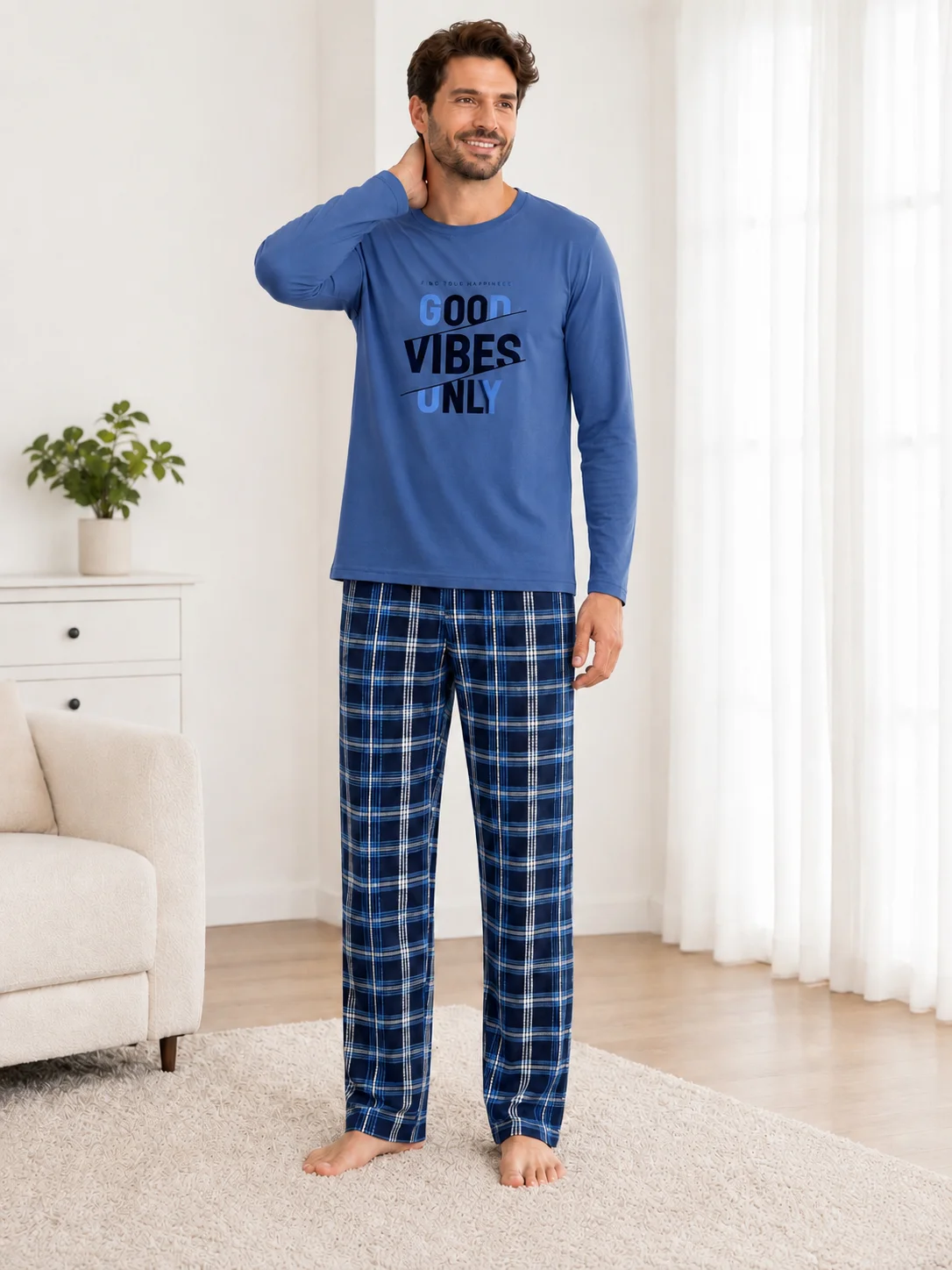 Set Relaxare Barbati Bluză Good Vibes si Pantaloni in Carouri-Albastru — imagine 3