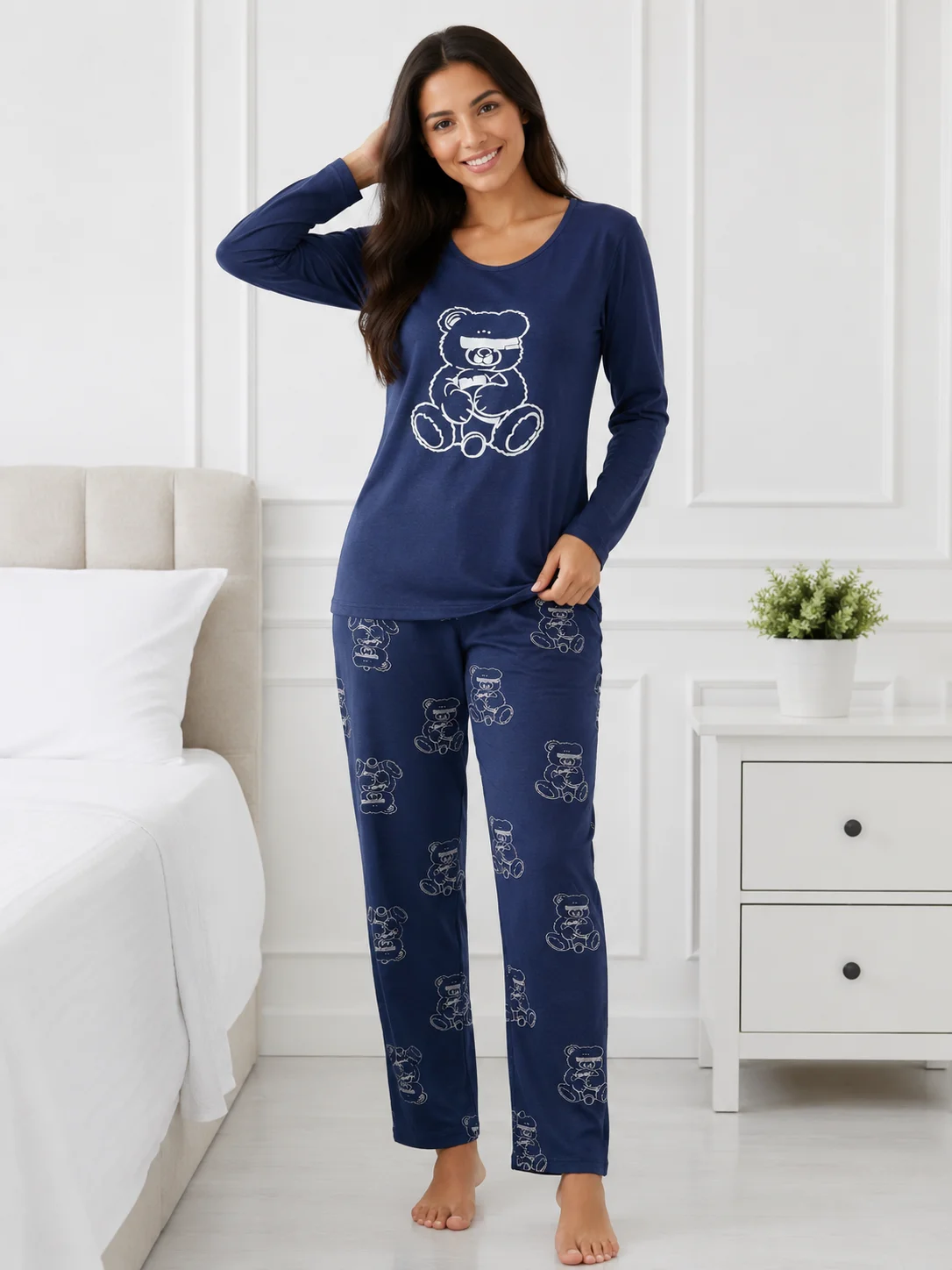 Set pijama 2 piese: Bluză cu ursuleț și pantaloni imprimați-Bleumarin