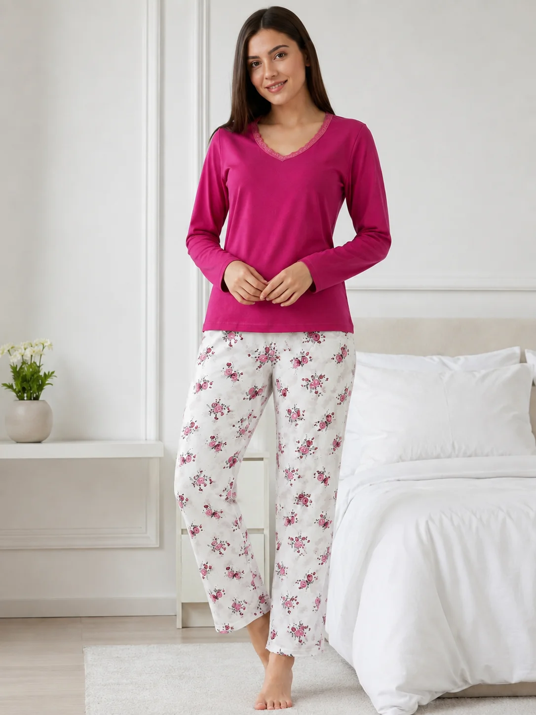 Pijama de Damă cu Bluză și Pantalon Alb cu Imprimeu Floral- Magenta — imagine 2