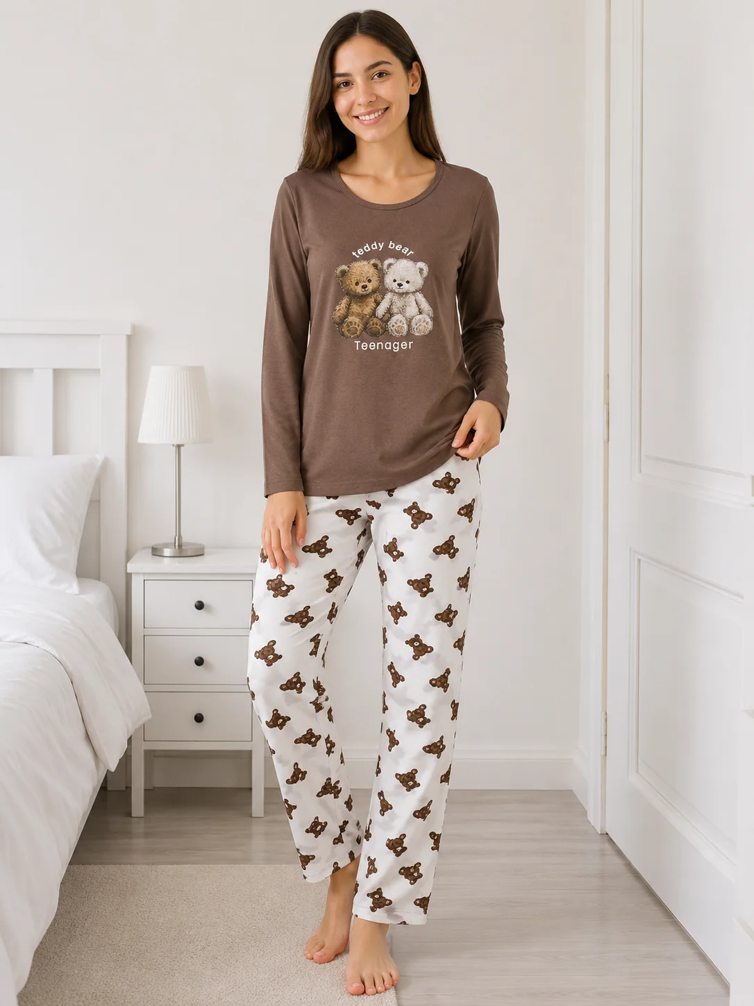 Pijama de Damă  cu Imprimeu Urși și Pantaloni Asortați-Maro