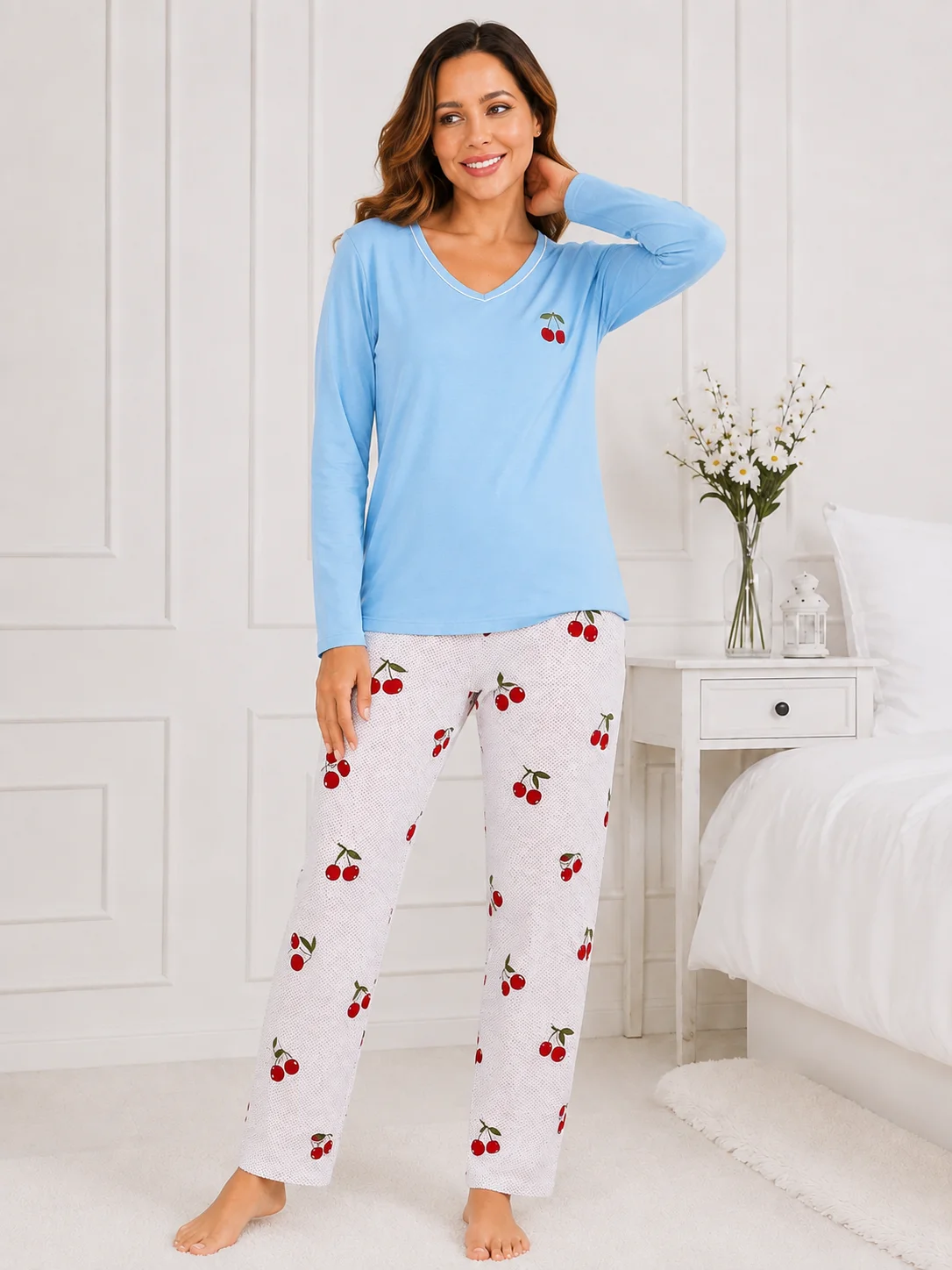 Pijama damă, bluză cu mânecă lungă și pantaloni imprimeu cirese-Bleu