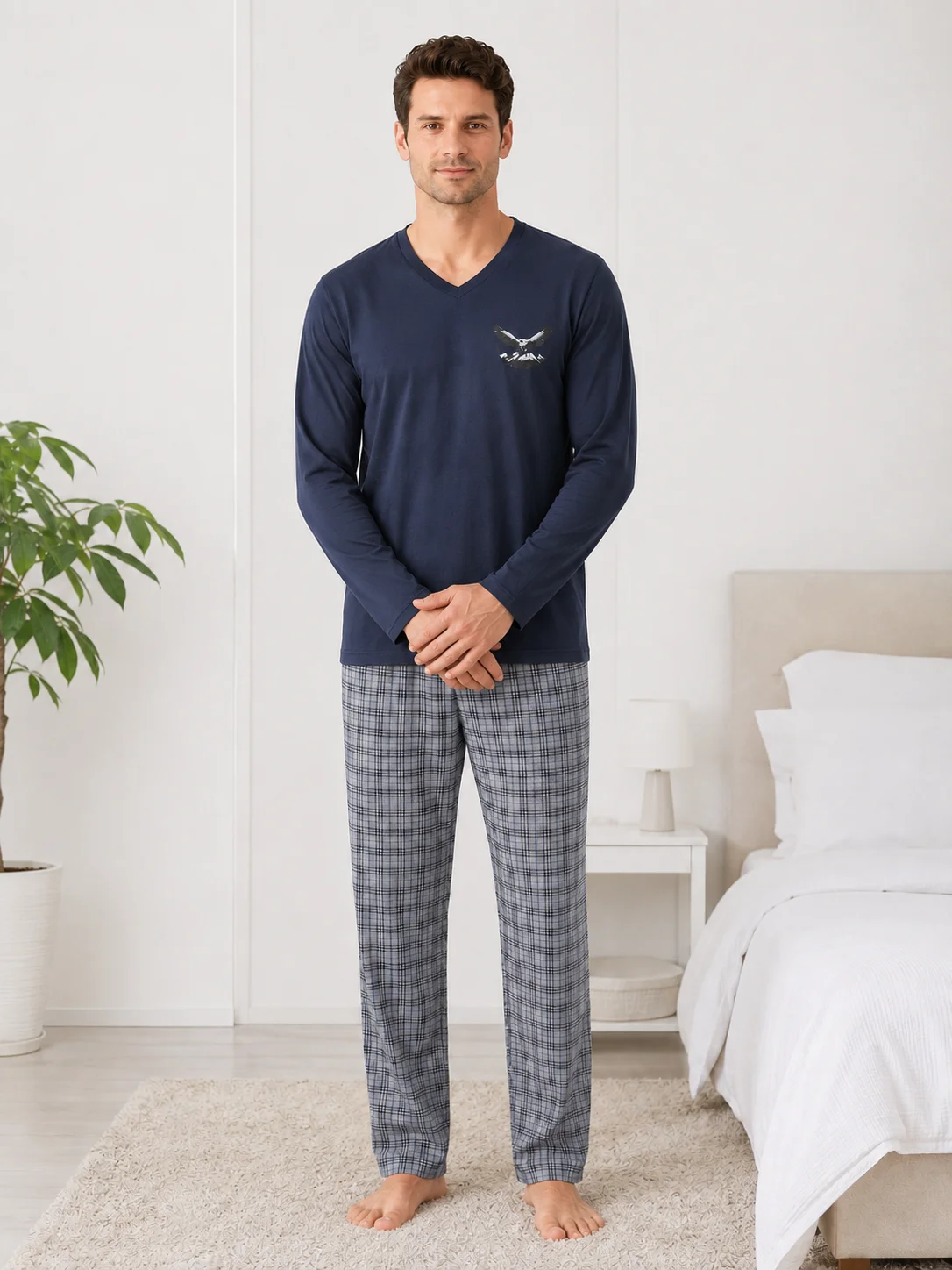 Set Pijama Barbati cu Maneca Lunga si Pantaloni in Carouri -Bleumarin — imagine 1
