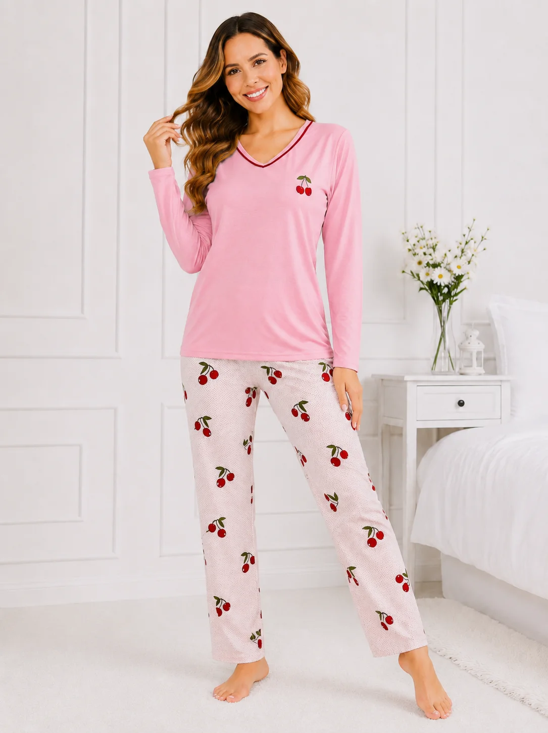 Pijama damă, bluză cu mânecă lungă și pantaloni imprimeu cirese-Roz