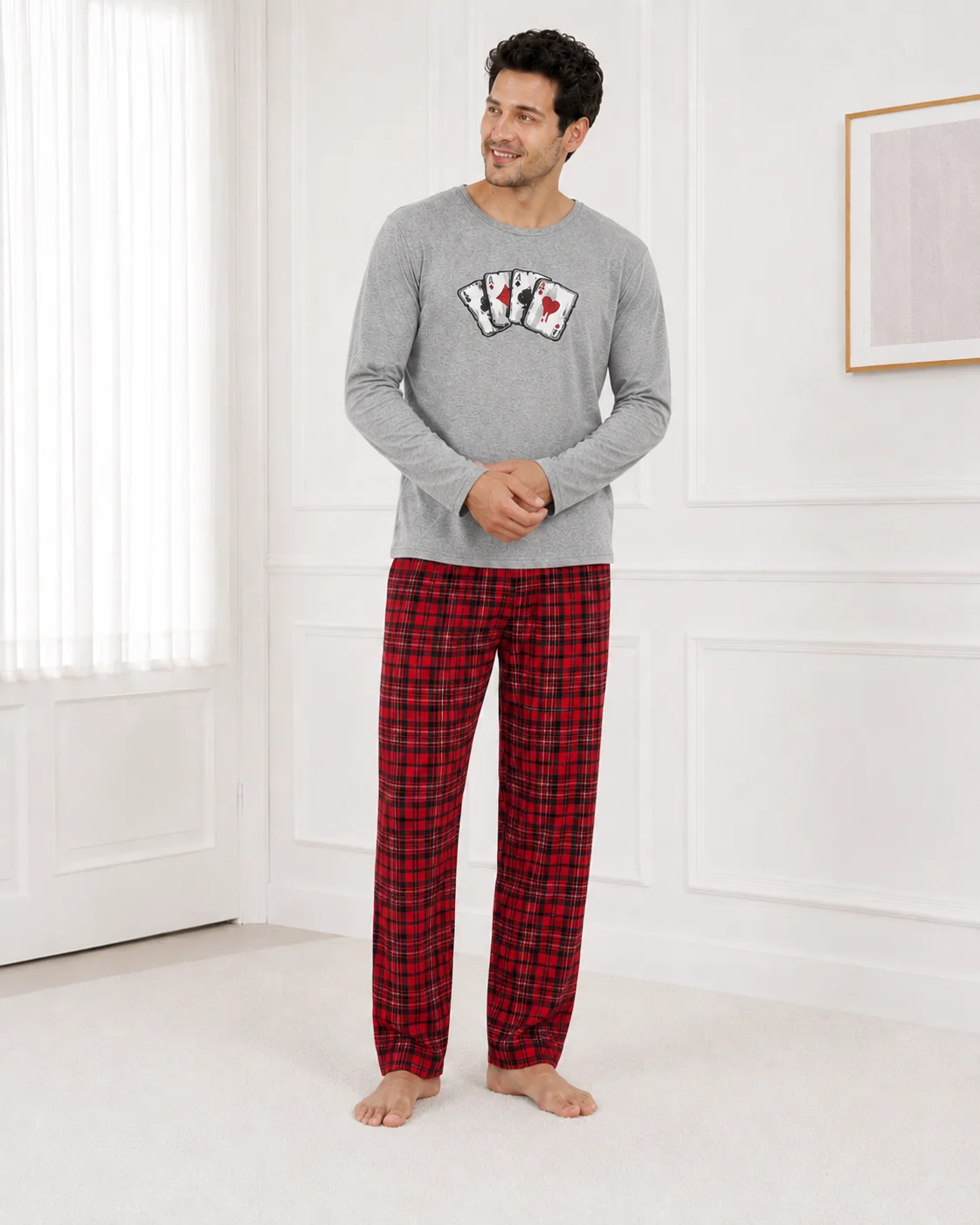 Set Pijama Barbati cu Maneca Lunga si Pantaloni in Carouri Rosi-Gri