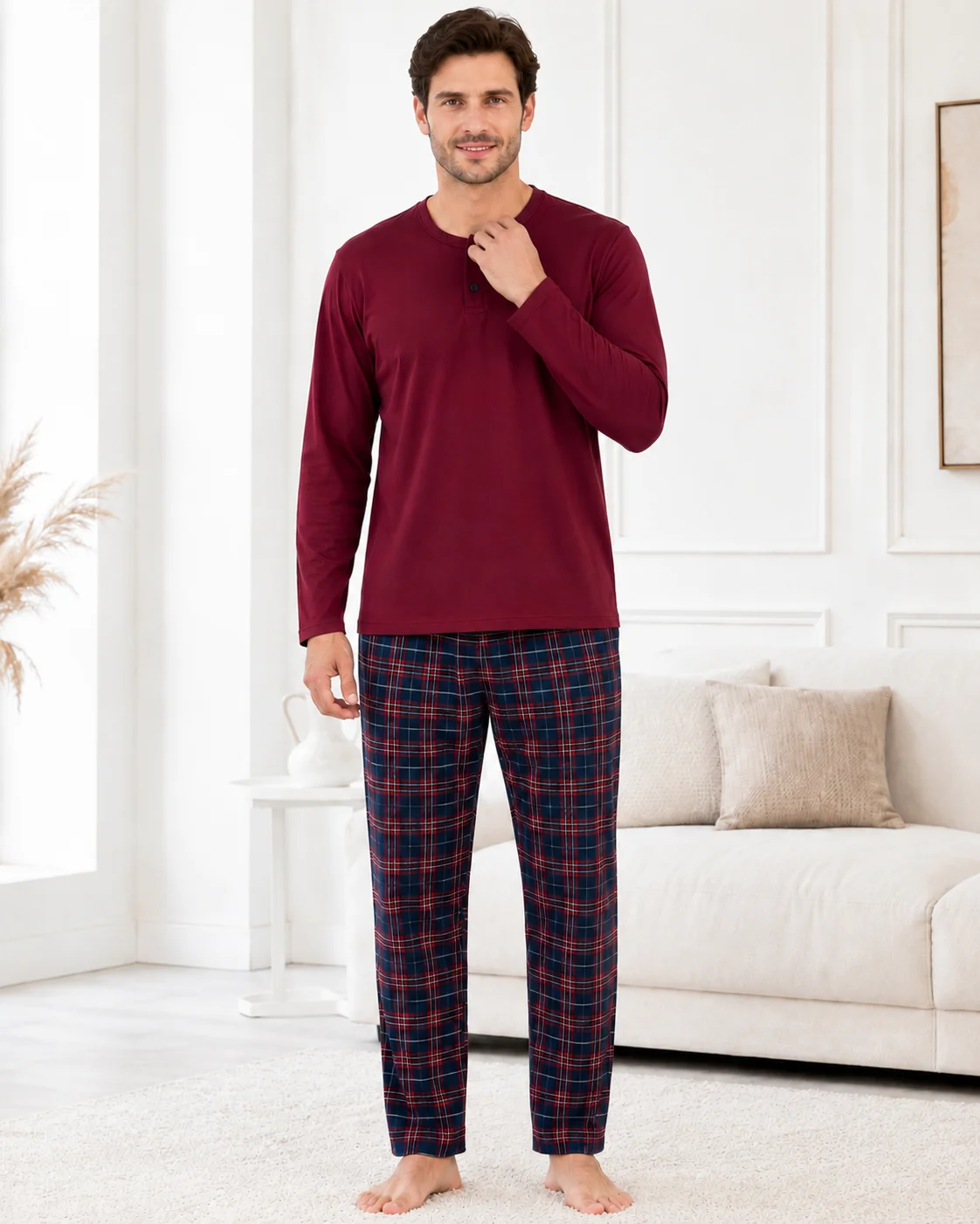 Pijama Barbati  cu Nasturi si Carouri Multicolore-Bordo