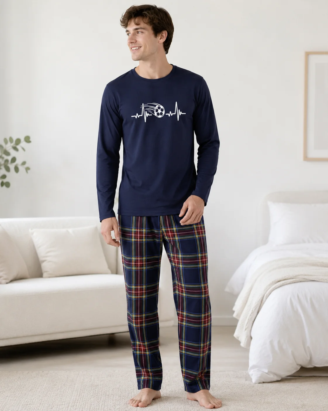 Set Pijama Barbati cu Imprimeu Fotbal și Pantaloni în Carouri-Bleumarin