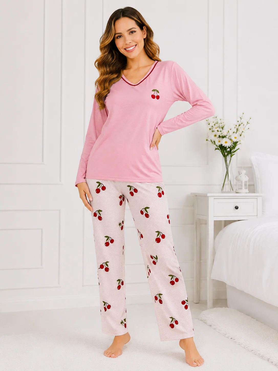 Pijama damă, bluză cu mânecă lungă și pantaloni imprimeu cirese-Roz