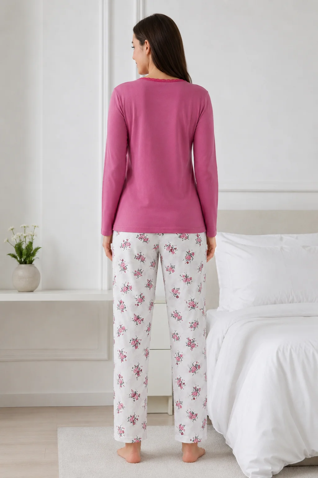 Pijama de Damă cu Bluză și Pantalon Alb cu Imprimeu Floral- Roz pudra — imagine 4