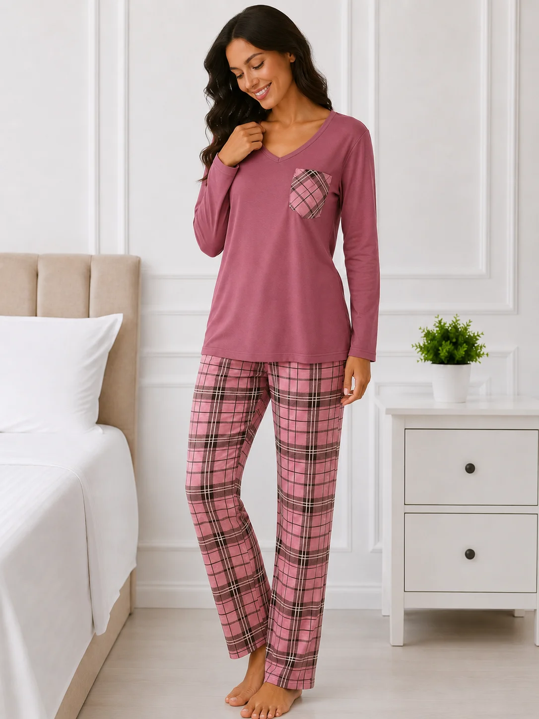 Pijama de damă, bluză și pantaloni lungi roz în carouri-Roz prafuit