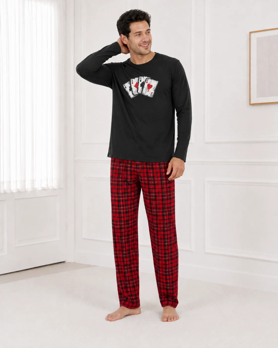 Set Pijama Barbati cu Maneca Lunga si Pantaloni in Carouri Rosi-Negru — imagine 3