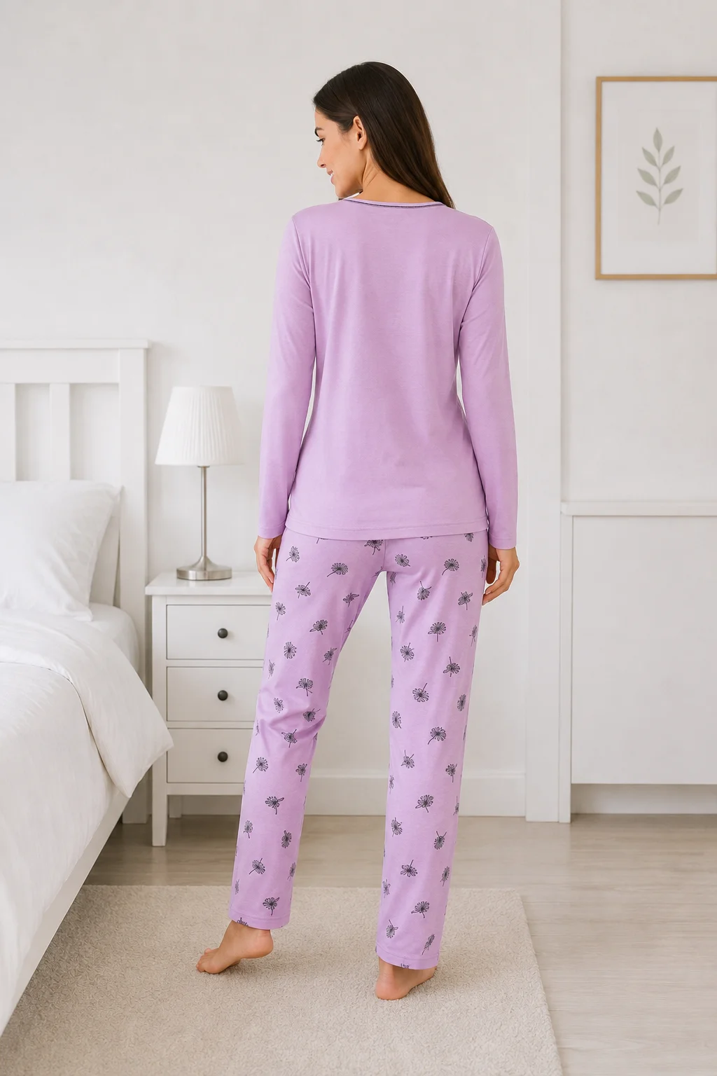 Pijama de Damă cu Imprimeu Florale și Pantaloni Asortaț-Mov Lavandă