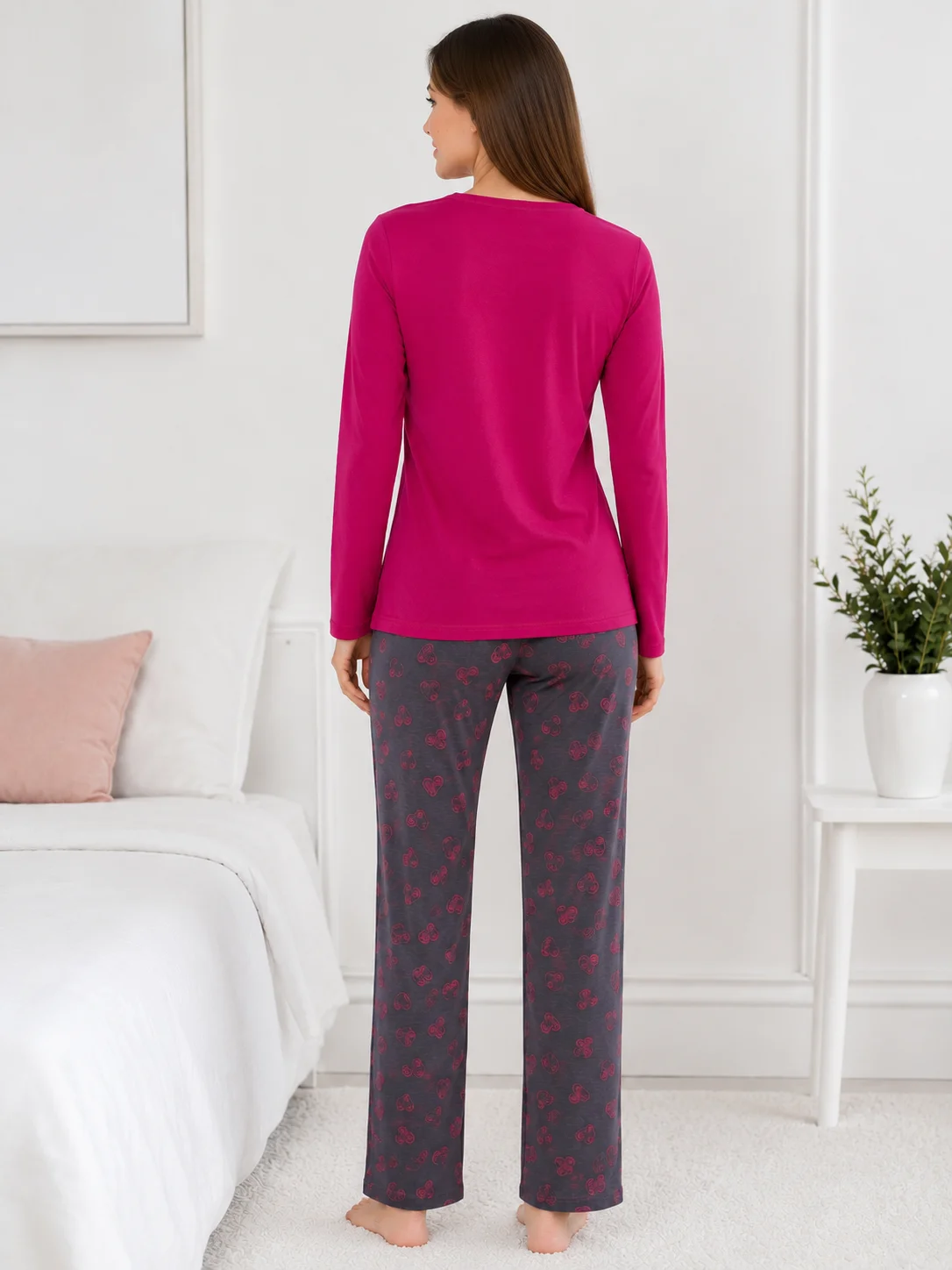 Pijama de Damă, Decolteu cu Dantelă și Pantalon Gri cu Imprimeu cu Inimi-Magenta