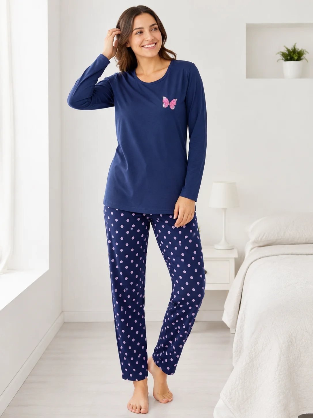 Pijama de Damă cu Bluză și Pantalon Bleumarin cu Buline Roz-Bleumarin
