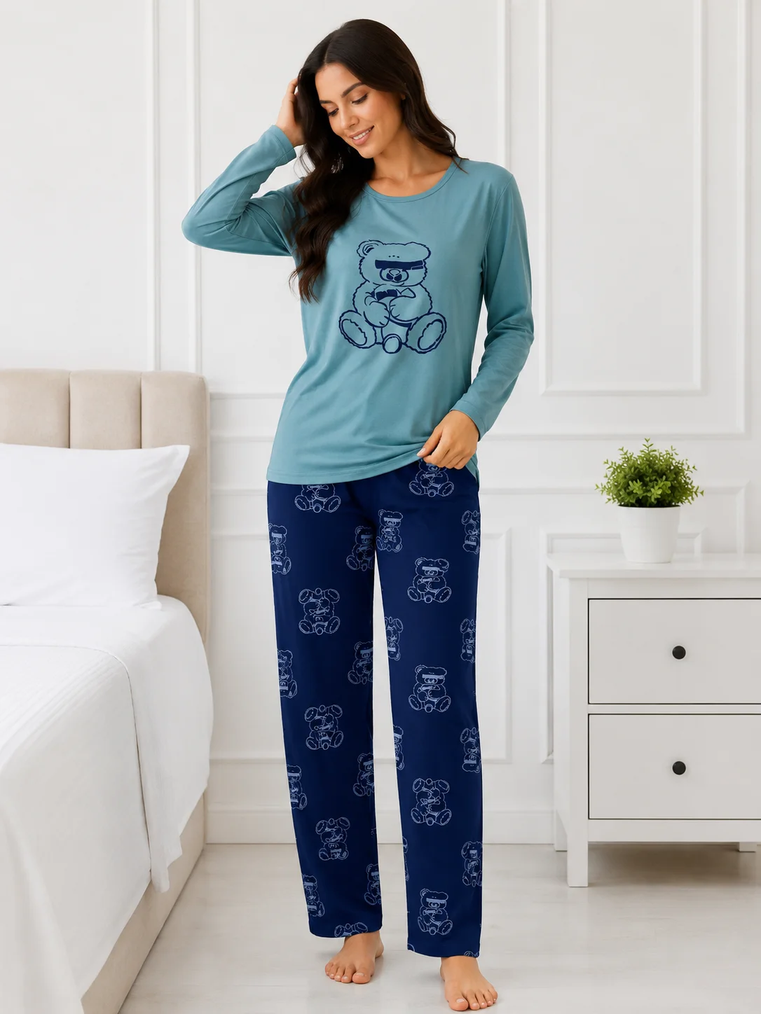 Set pijama 2 piese: Bluză cu ursuleț și pantaloni imprimați-Turcoaz