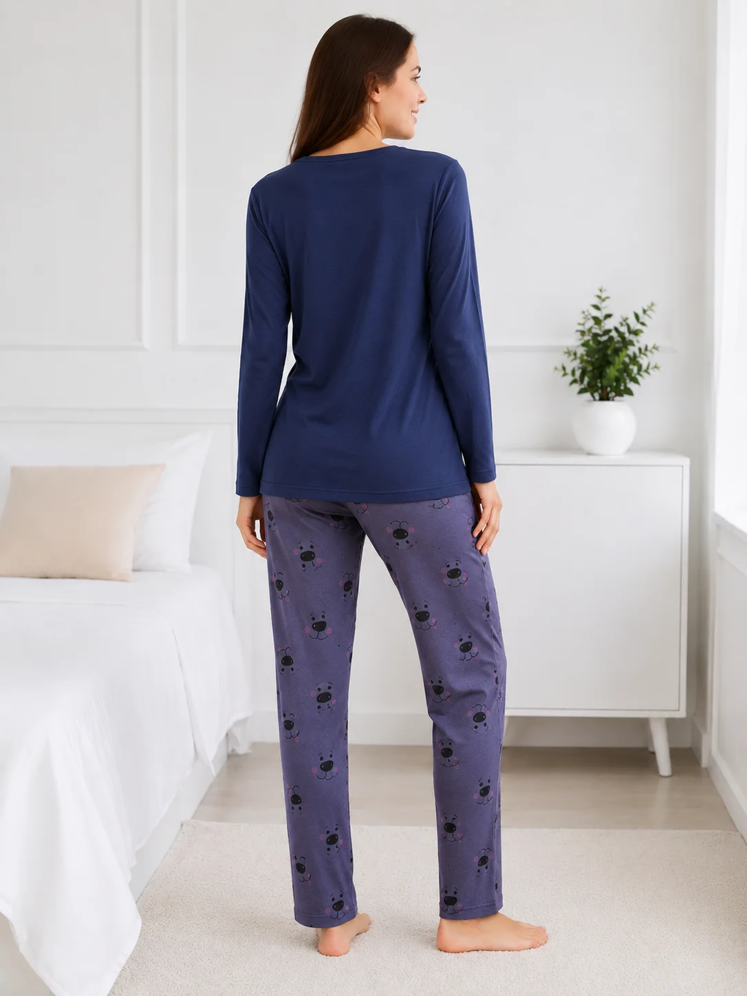 Pijama de Damă cu Bluză și Pantalon Gri Imprimat cu Cățeluși-Bleumarin — imagine 3