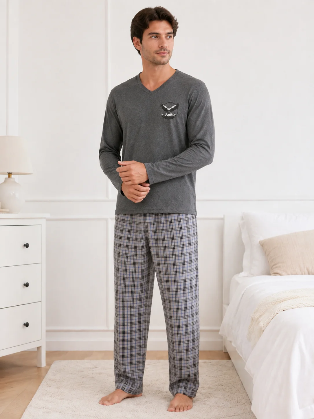 Set Pijama Barbati cu Maneca Lunga si Pantaloni in Carouri -Gri