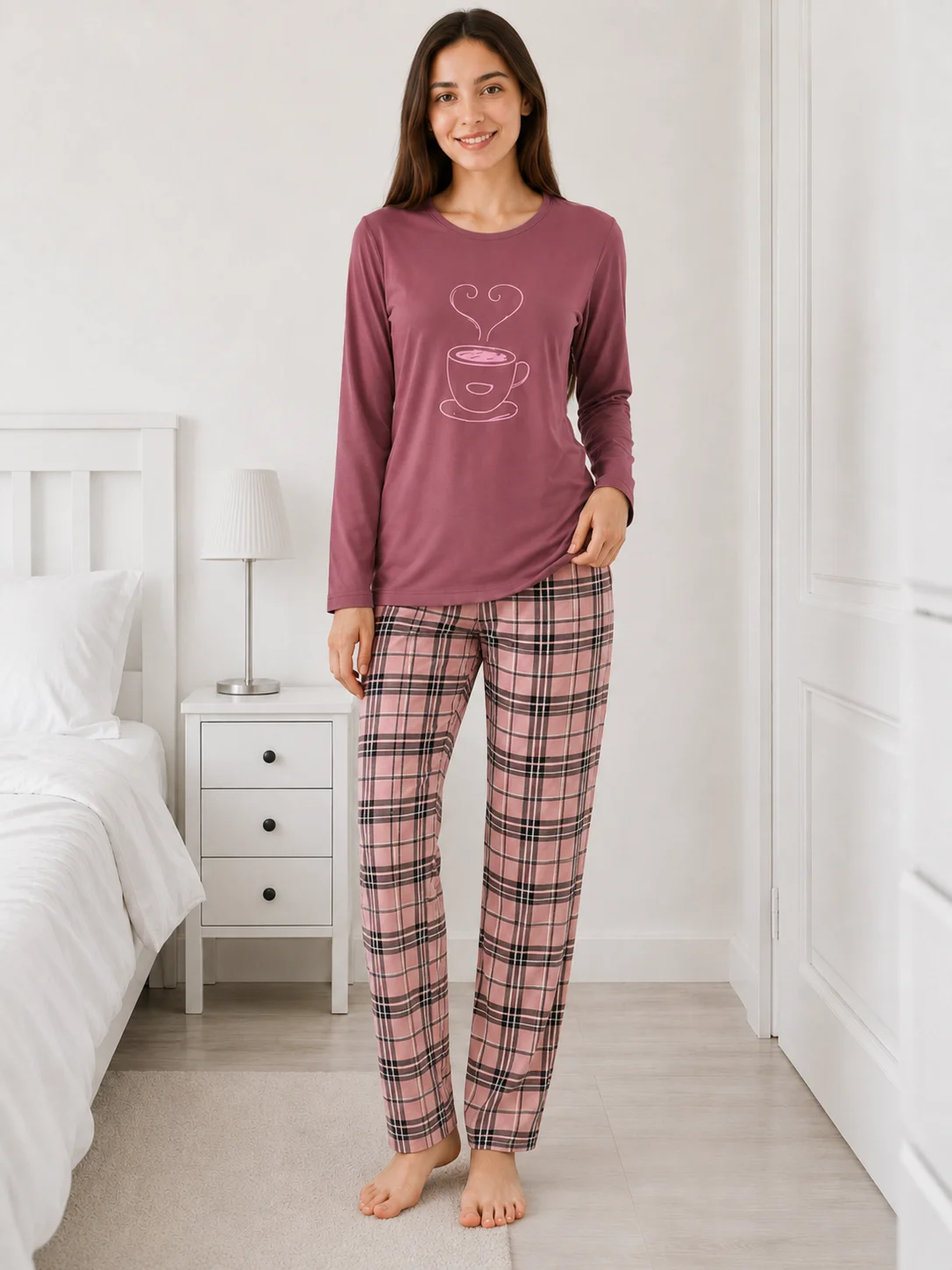 Pijama de Damă cu Imprimeu Căniță și Carouri-Visiniu