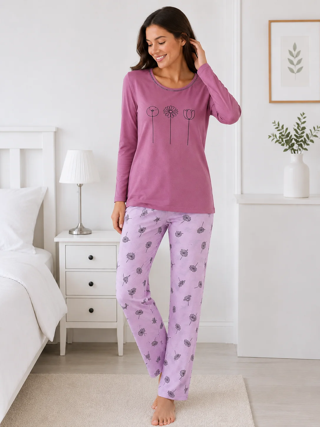 Pijama de Damă cu Imprimeu Florale și Pantaloni Asortaț-Mov