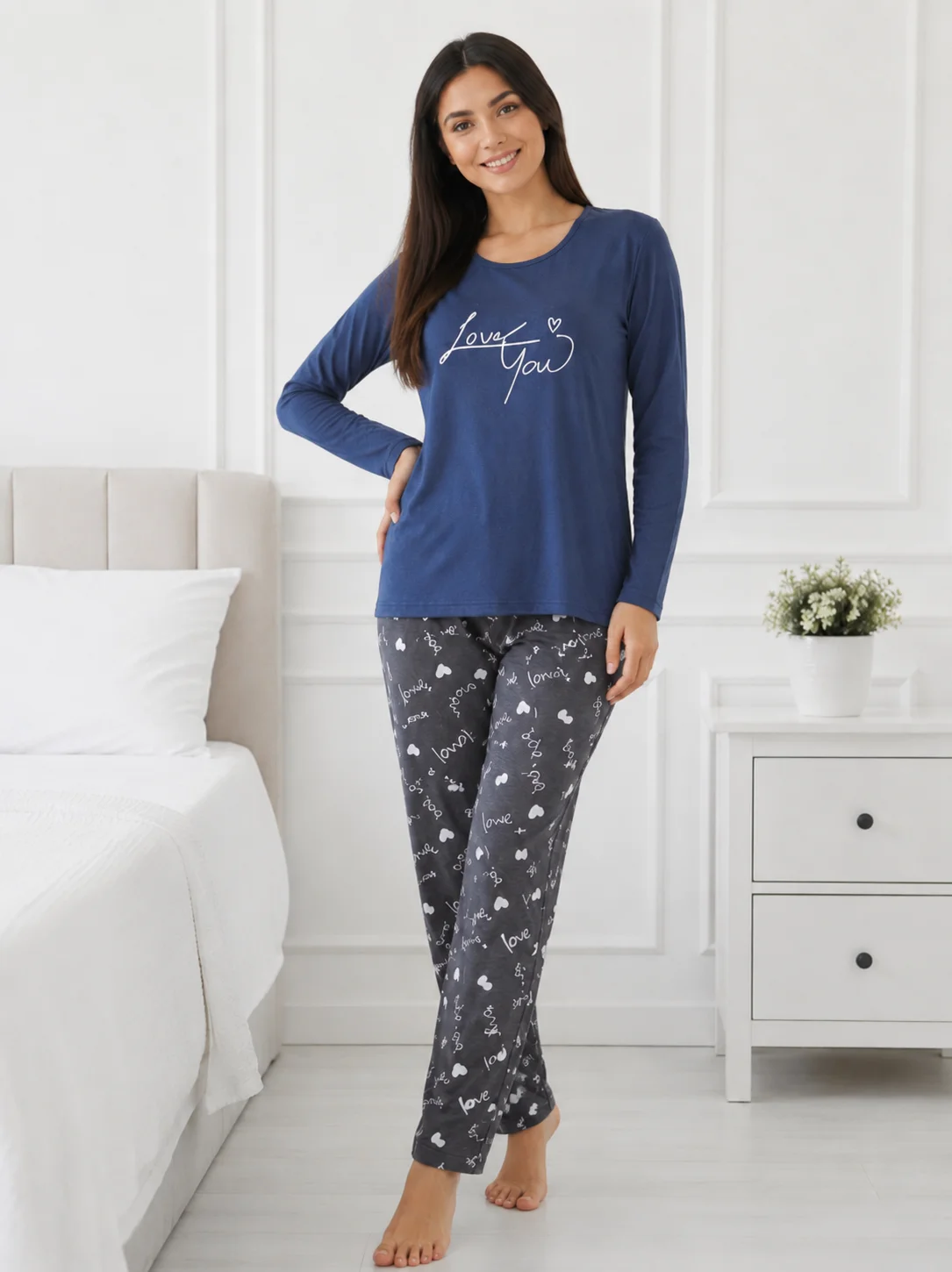 Pijama de damă cu mesaj „Love You” și pantaloni gri cu imprimeu-Albastru