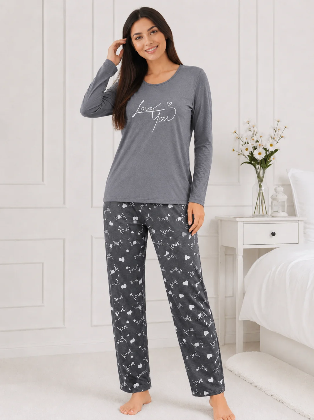 Pijama de damă cu mesaj „Love You” și pantaloni gri cu imprimeu-Gri