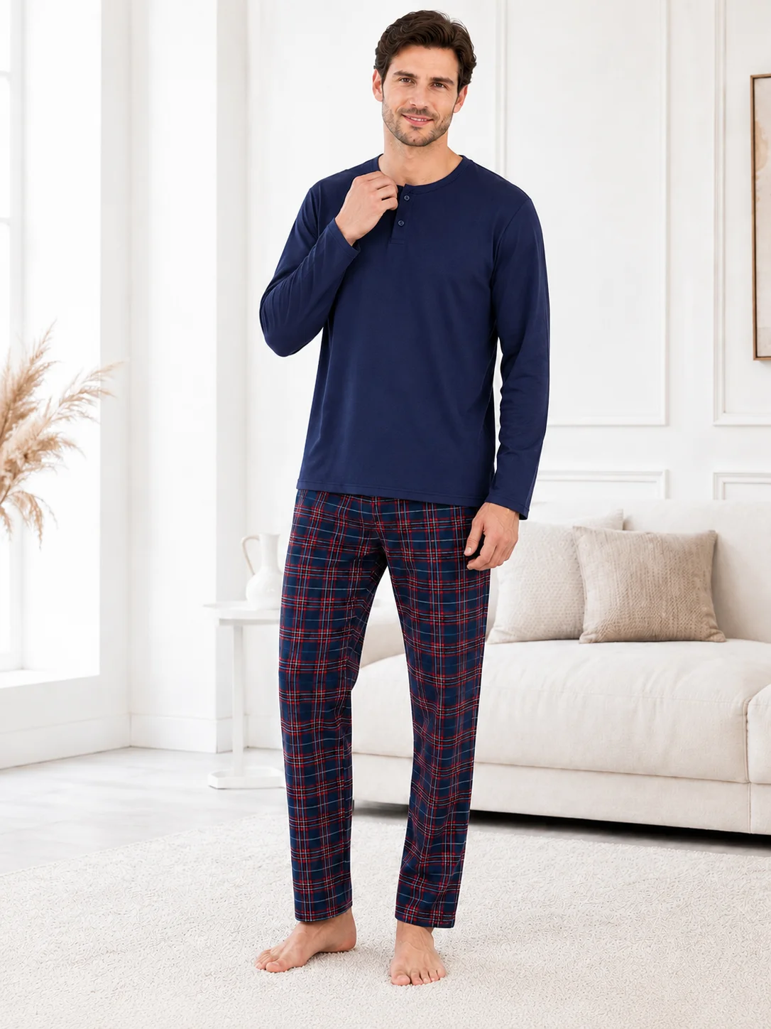 Pijama Barbati  cu Nasturi si Carouri Multicolore-Bleumarin — imagine 1