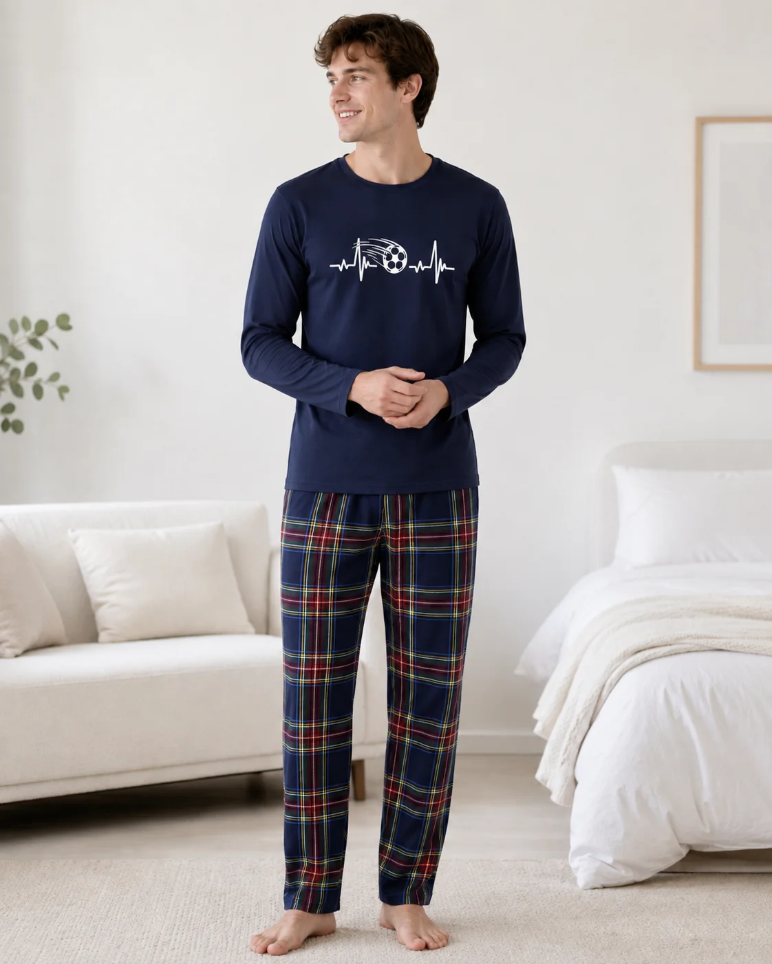 Set Pijama Barbati cu Imprimeu Fotbal și Pantaloni în Carouri-Bleumarin