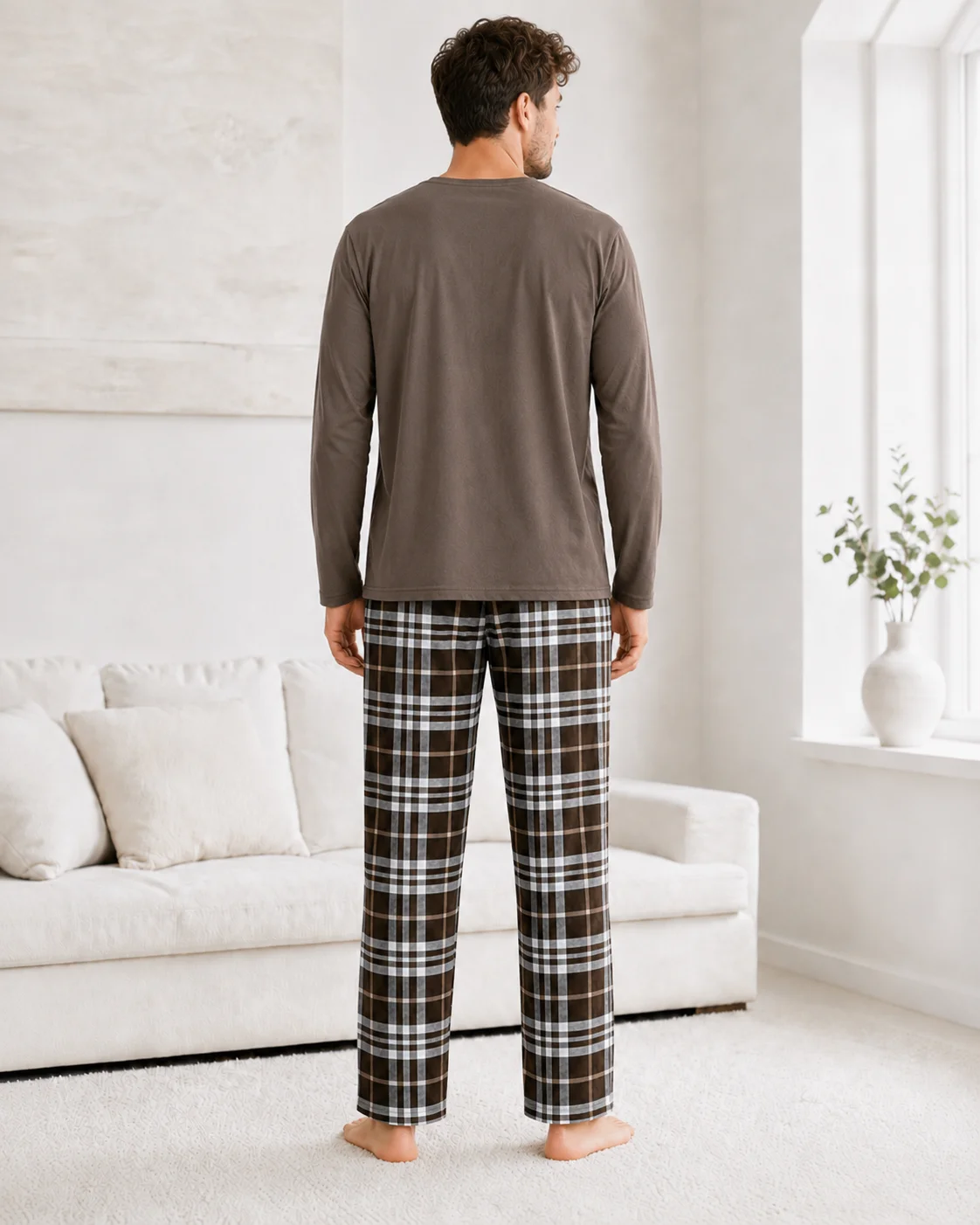 Set Pijama Barbati cu Maneca Lunga si Pantaloni in Carouri Maro-Maro