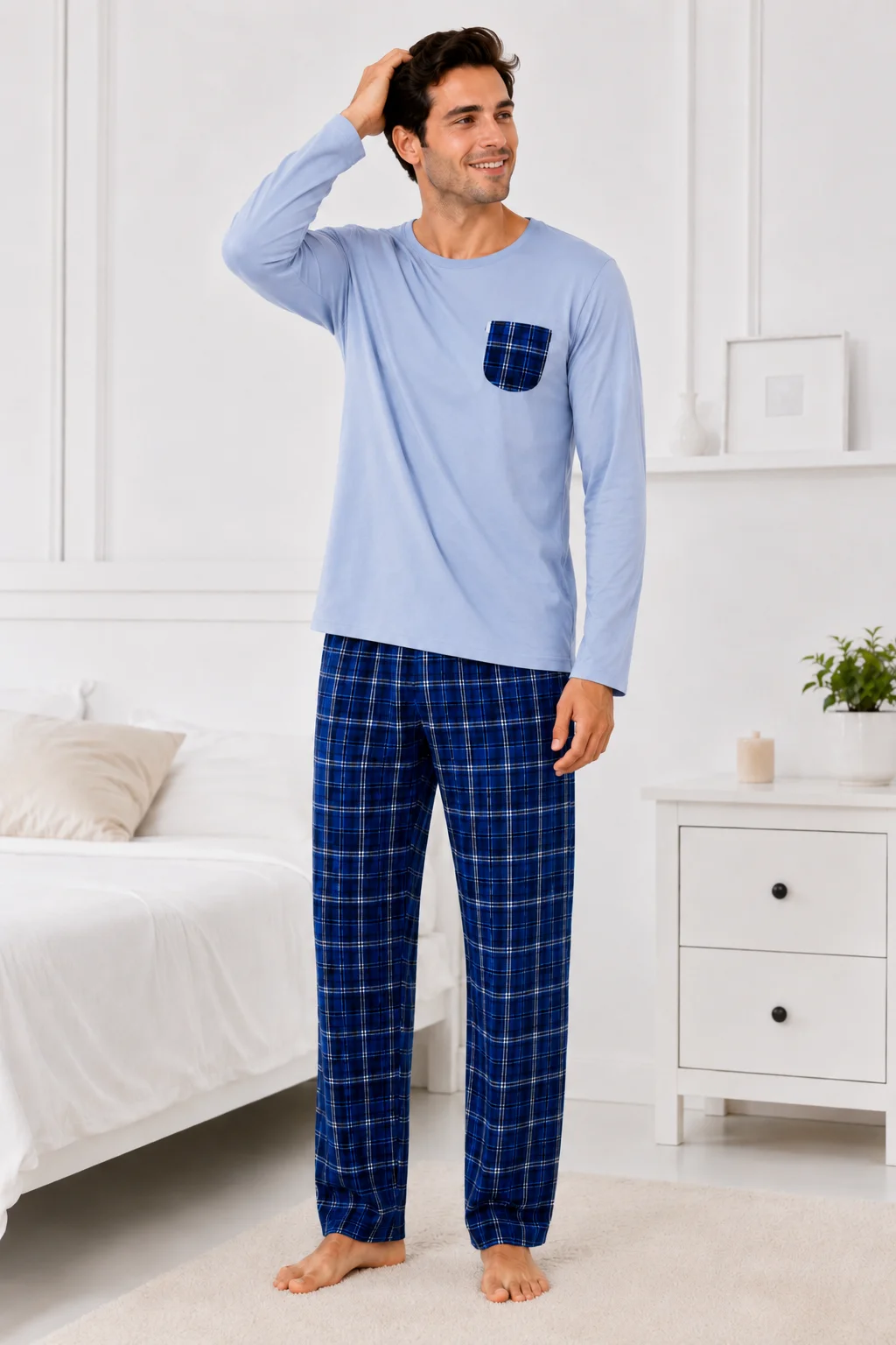 Set Pijama Barbati cu Buzunar în Carouri și Pantaloni Asortați-Bleu