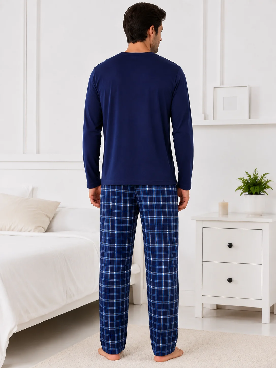 Set Pijama Barbati cu Buzunar în Carouri și Pantaloni Asortați-Bleumarin