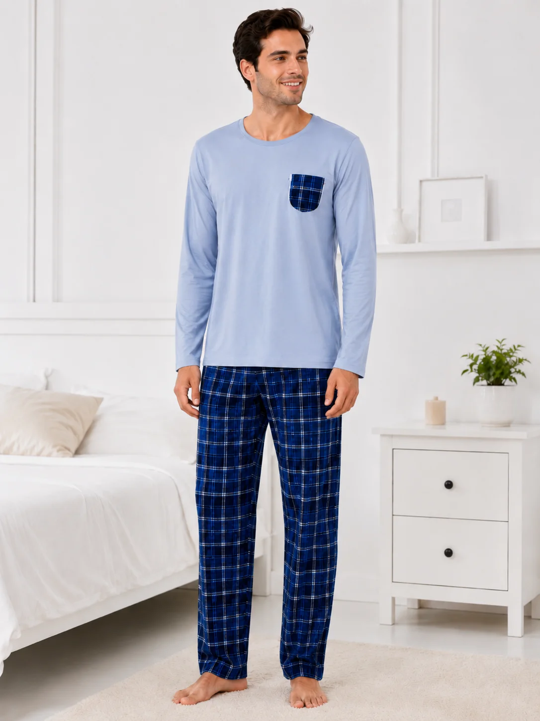 Set Pijama Barbati cu Buzunar în Carouri și Pantaloni Asortați-Bleu