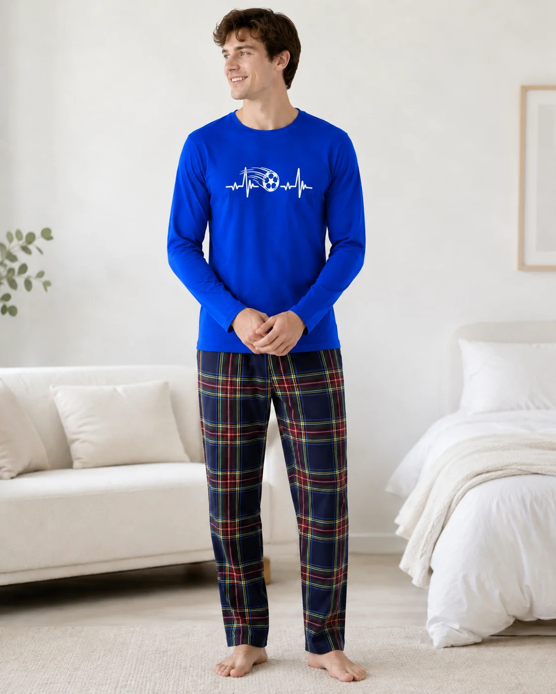 Set Pijama Barbati cu Imprimeu Fotbal și Pantaloni în Carouri-Albastru