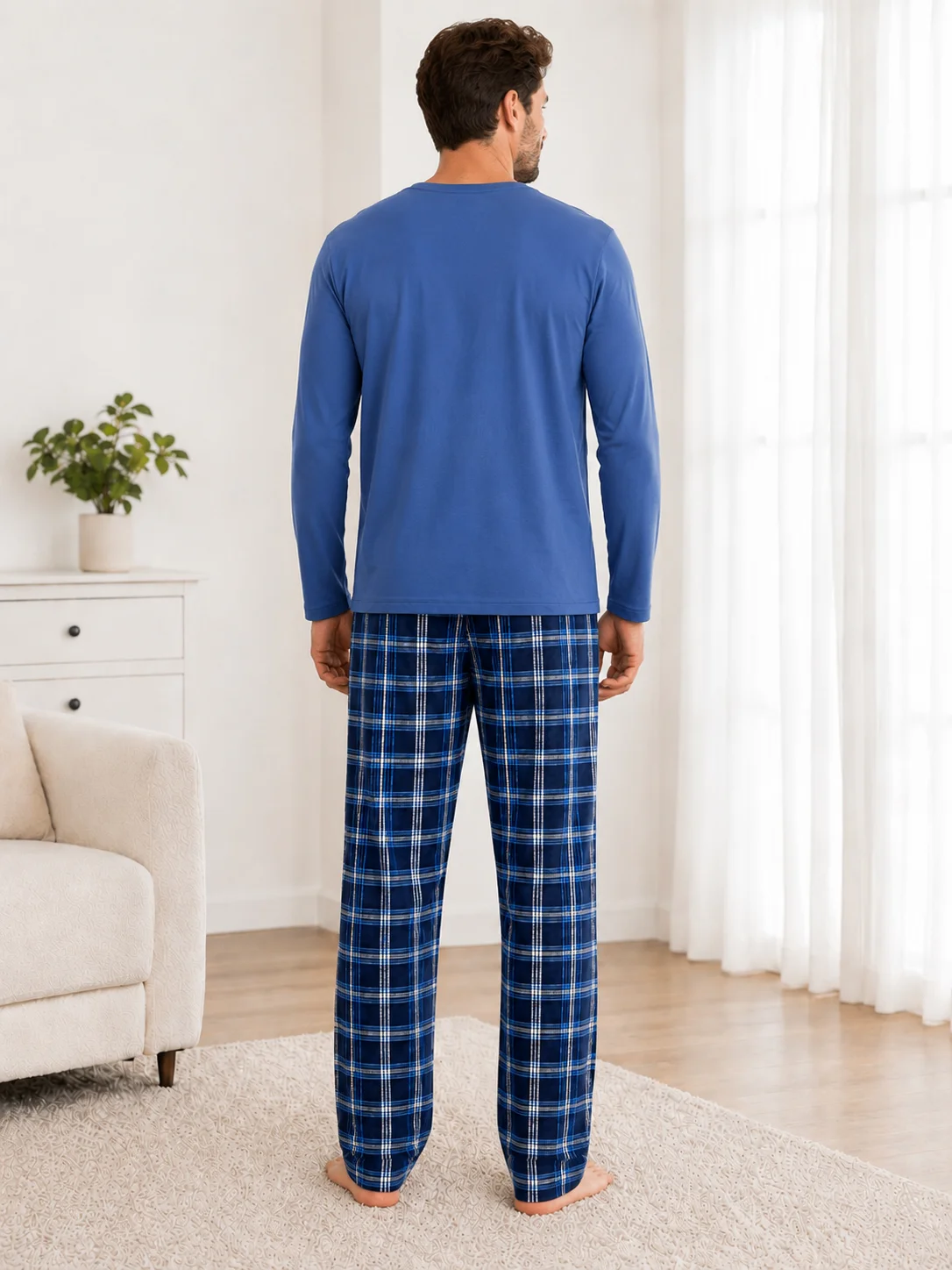 Set Relaxare Barbati Bluză Good Vibes si Pantaloni in Carouri-Albastru — imagine 4
