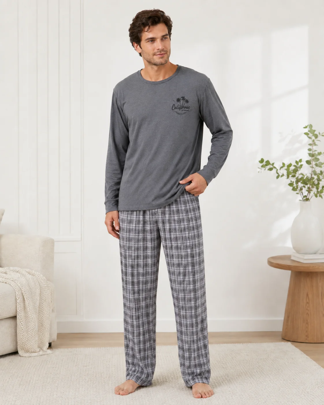 Pijama bărbați mânecă lungă si pantaloni în carouri-Gri — imagine 3