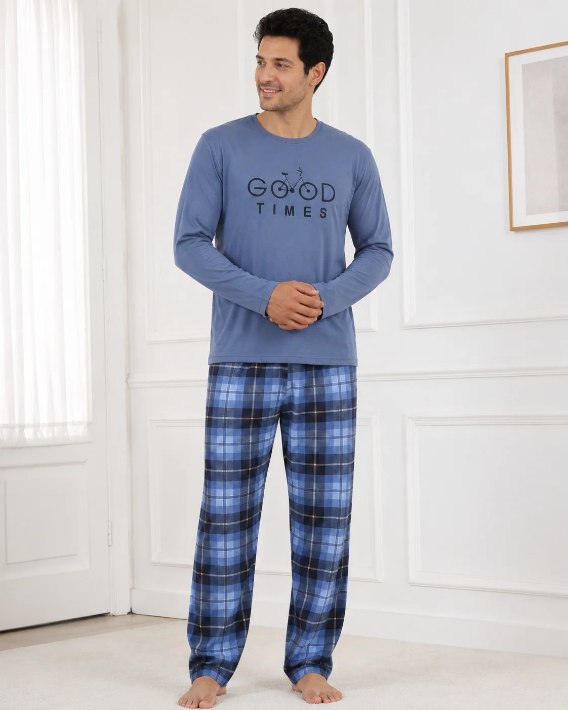 Set Pijama Barbati cu Maneca Lunga si Pantaloni in Carouri Albastre-Albastru prafuit
