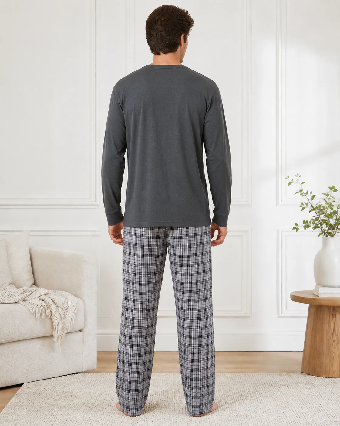 Pijama bărbați mânecă lungă si pantaloni în carouri-Gri inchis — imagine 4