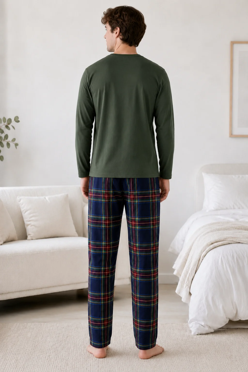 Set Pijama Barbati cu Imprimeu Fotbal și Pantaloni în Carouri-Kaki