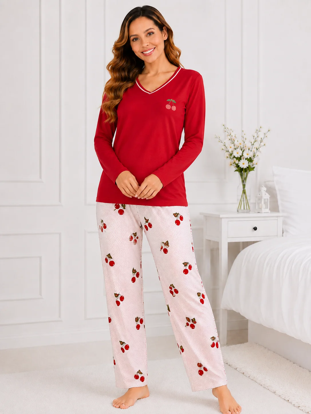 Pijama damă, bluză cu mânecă lungă și pantaloni imprimeu cirese-Rosu