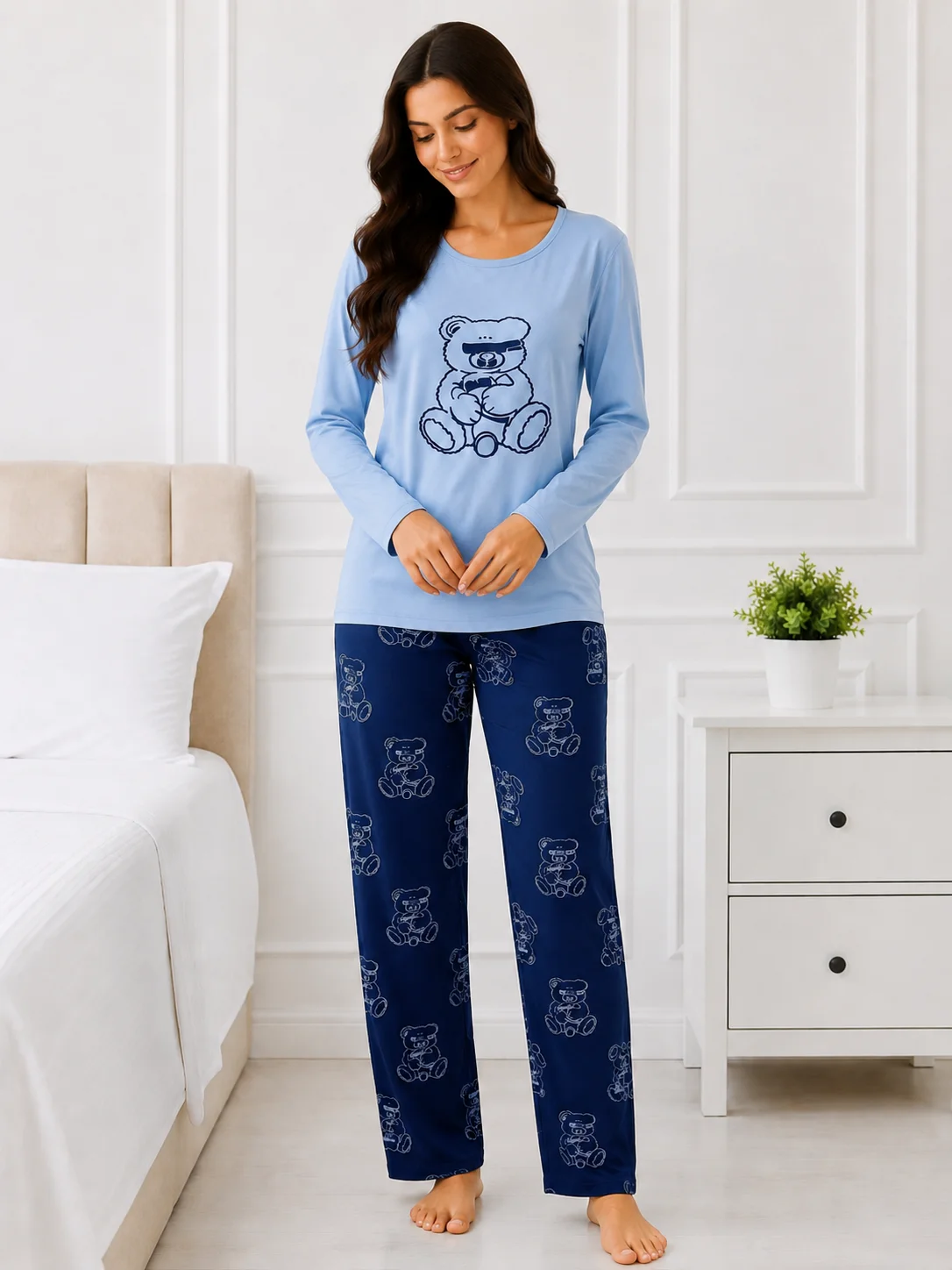 Set pijama 2 piese: Bluză cu ursuleț și pantaloni imprimați-Albastru