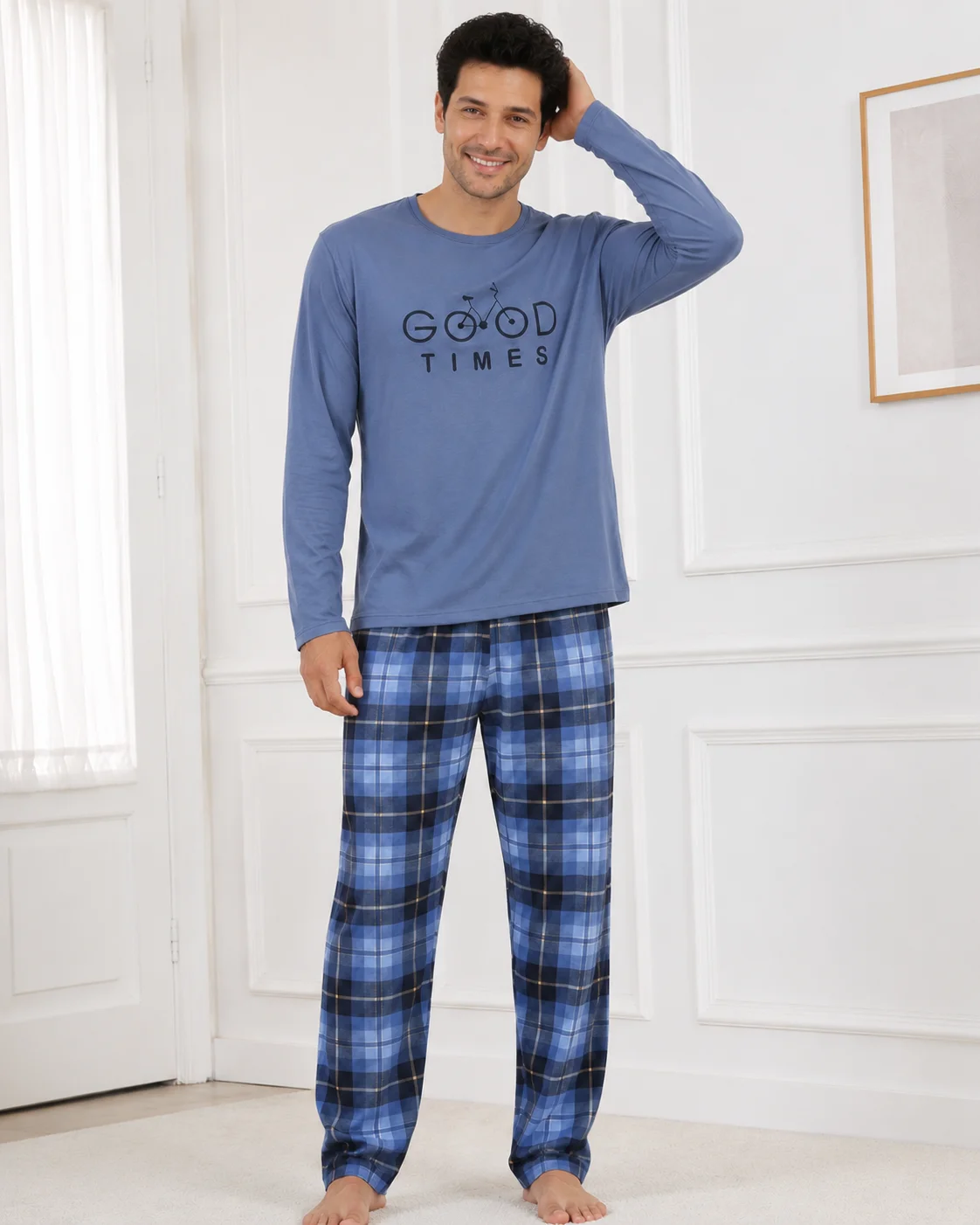Set Pijama Barbati cu Maneca Lunga si Pantaloni in Carouri Albastre-Albastru prafuit