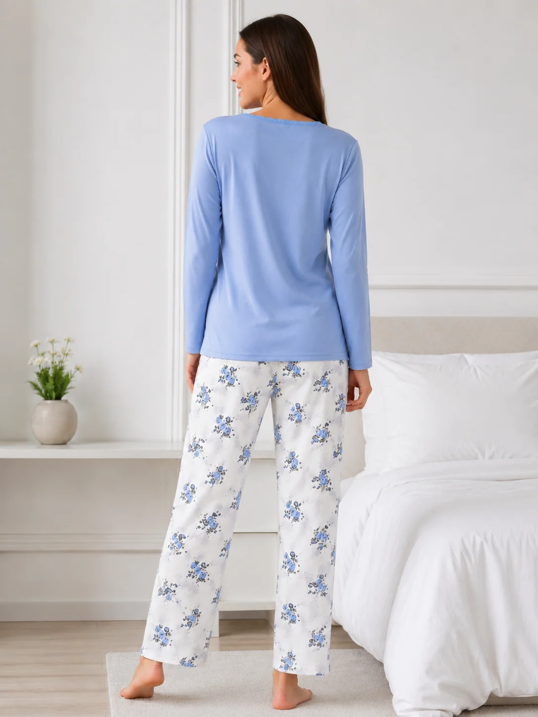 Pijama de Damă cu Bluză și Pantalon Alb cu Imprimeu Floral- Bleu — imagine 4